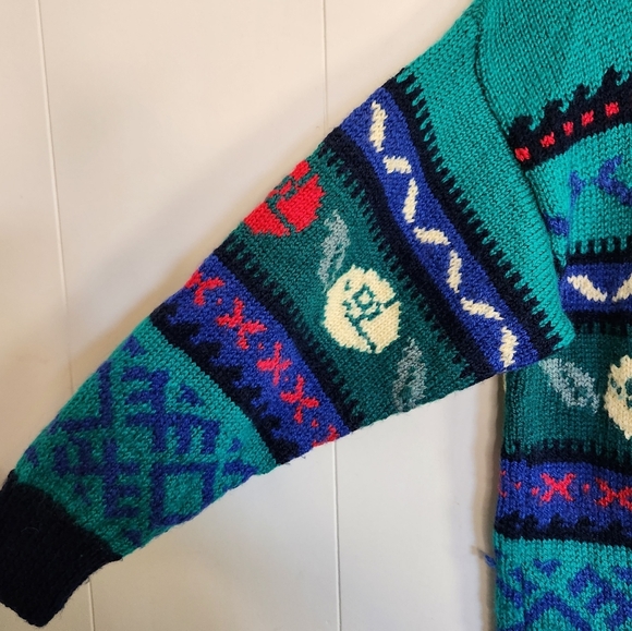 Vintage 90s Handmade Knit Slouchy Green Sweater Mock Neck Winter Cabin 1990s - Picture 3 of 10